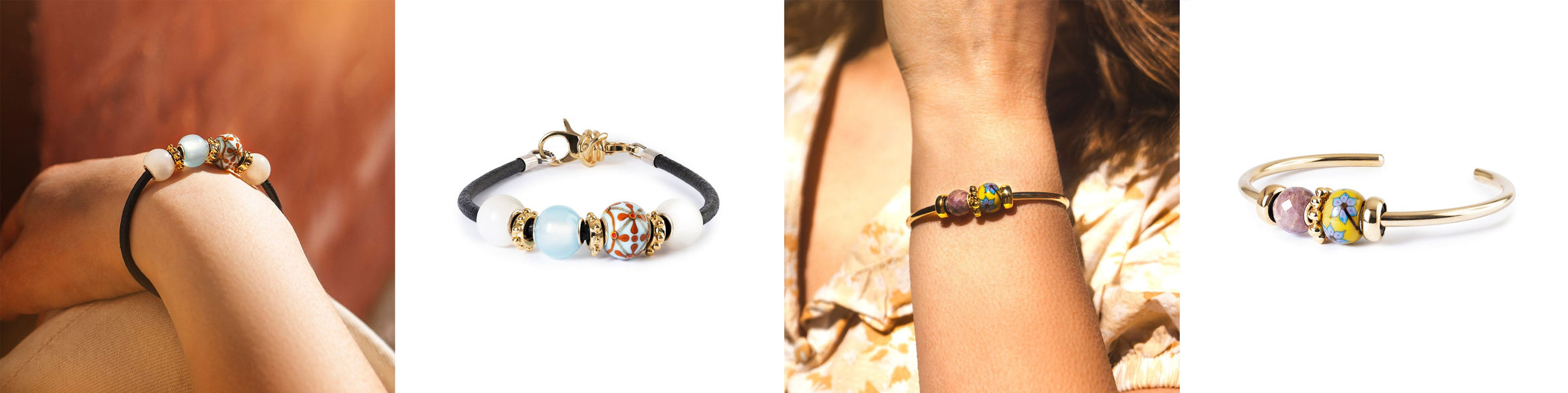 Collage of four different images of bracelets with beads