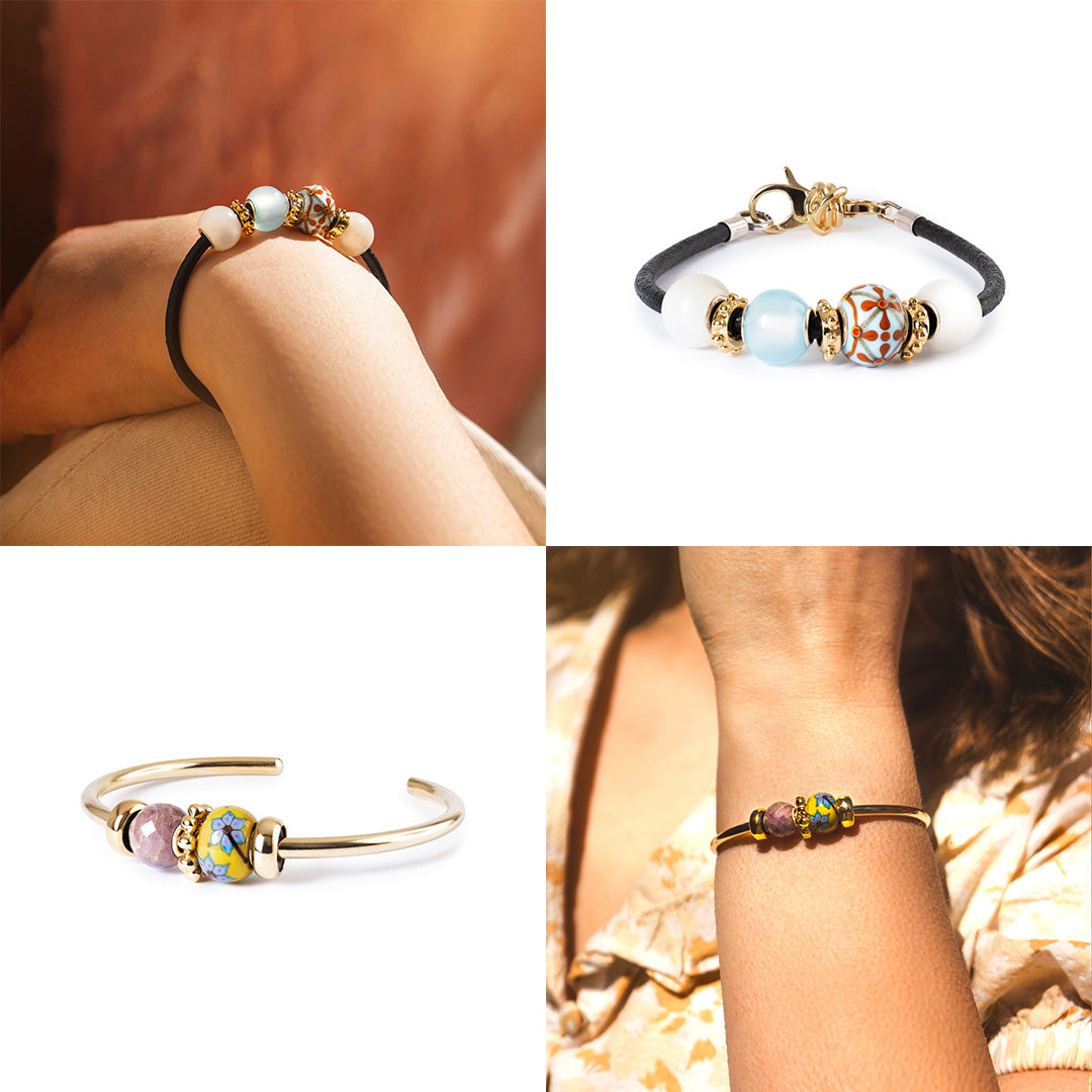 Collage of four different images of bracelets with beads